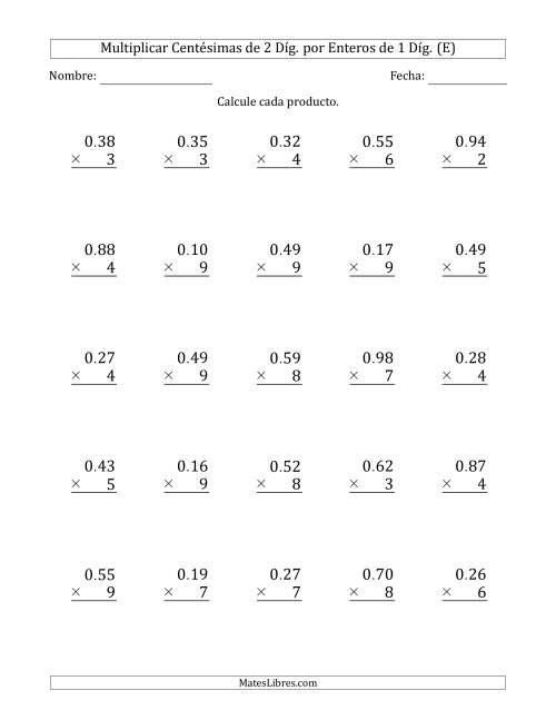 La hoja de ejercicios de Multiplicar Centésimas de 2 Díg. por Enteros de 1 Díg. (E)
