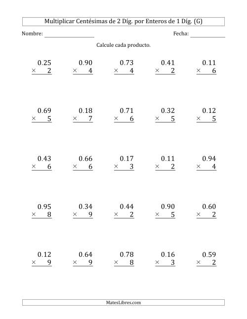 La hoja de ejercicios de Multiplicar Centésimas de 2 Díg. por Enteros de 1 Díg. (G)