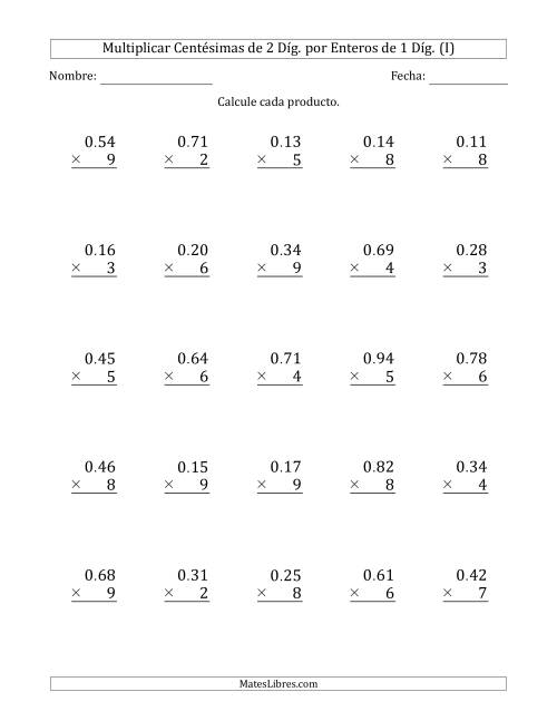 La hoja de ejercicios de Multiplicar Centésimas de 2 Díg. por Enteros de 1 Díg. (I)