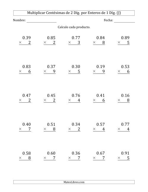 La hoja de ejercicios de Multiplicar Centésimas de 2 Díg. por Enteros de 1 Díg. (J)