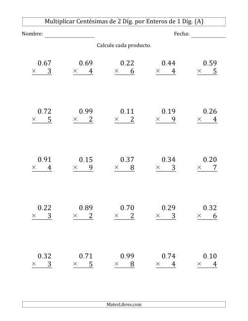 La hoja de ejercicios de Multiplicar Centésimas de 2 Díg. por Enteros de 1 Díg. (Todas)