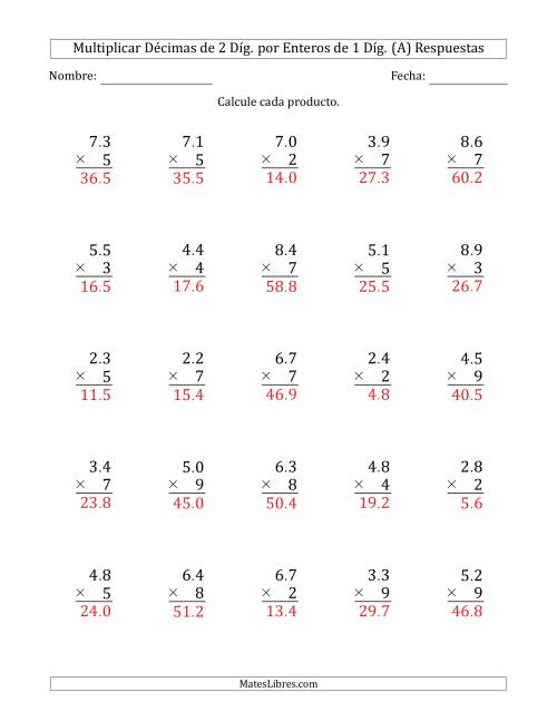 La hoja de ejercicios de Multiplicar Décimas de 2 Díg. por Enteros de 1 Díg. (A) Página 2