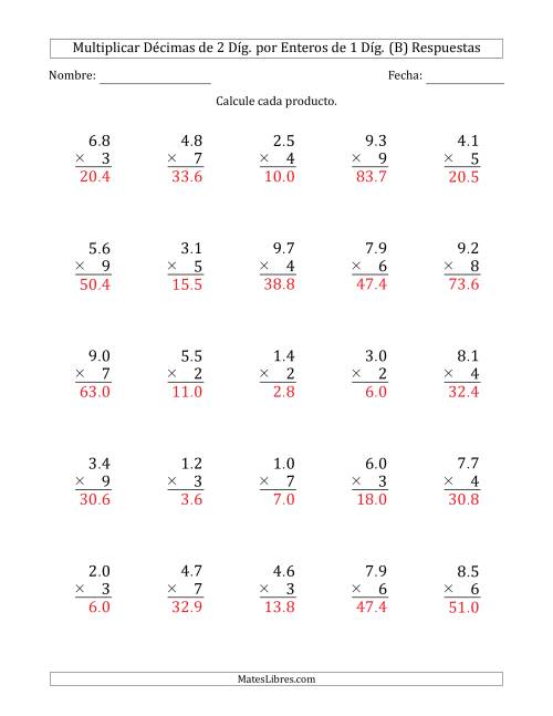 La hoja de ejercicios de Multiplicar Décimas de 2 Díg. por Enteros de 1 Díg. (B) Página 2