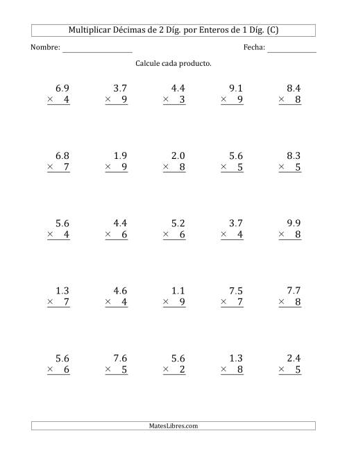 La hoja de ejercicios de Multiplicar Décimas de 2 Díg. por Enteros de 1 Díg. (C)