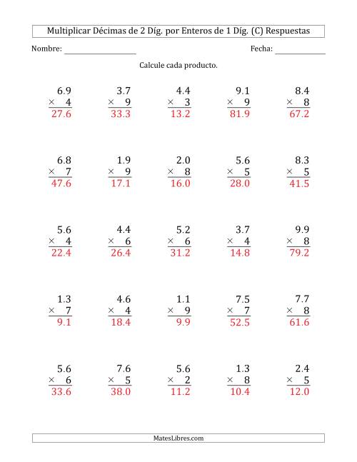 La hoja de ejercicios de Multiplicar Décimas de 2 Díg. por Enteros de 1 Díg. (C) Página 2