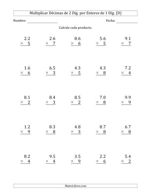 La hoja de ejercicios de Multiplicar Décimas de 2 Díg. por Enteros de 1 Díg. (D)