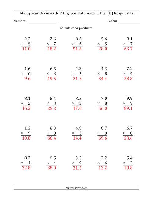 La hoja de ejercicios de Multiplicar Décimas de 2 Díg. por Enteros de 1 Díg. (D) Página 2
