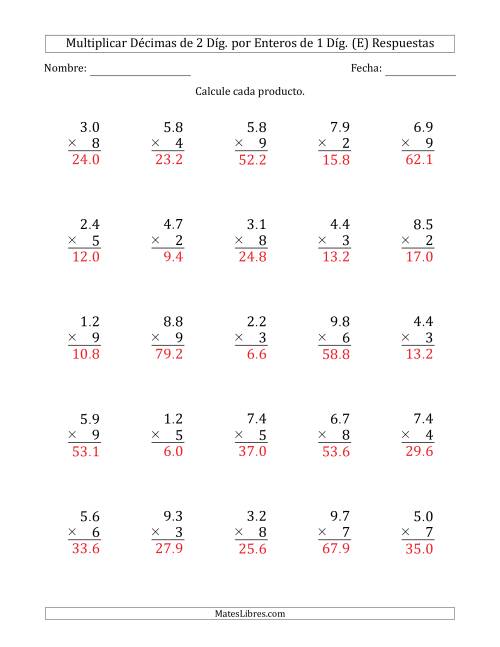 La hoja de ejercicios de Multiplicar Décimas de 2 Díg. por Enteros de 1 Díg. (E) Página 2