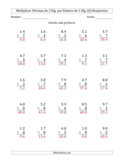 La hoja de ejercicios de Multiplicar Décimas de 2 Díg. por Enteros de 1 Díg. (G) Página 2