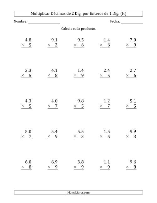 La hoja de ejercicios de Multiplicar Décimas de 2 Díg. por Enteros de 1 Díg. (H)