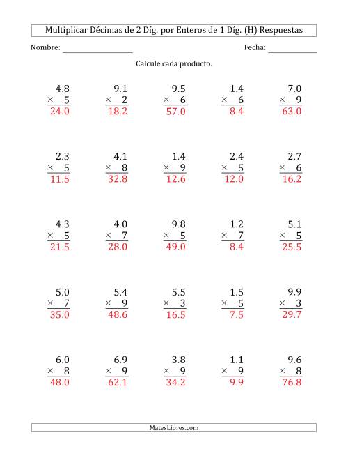 La hoja de ejercicios de Multiplicar Décimas de 2 Díg. por Enteros de 1 Díg. (H) Página 2