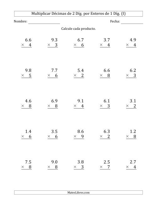 La hoja de ejercicios de Multiplicar Décimas de 2 Díg. por Enteros de 1 Díg. (I)