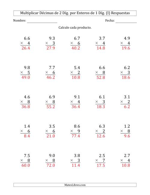 La hoja de ejercicios de Multiplicar Décimas de 2 Díg. por Enteros de 1 Díg. (I) Página 2