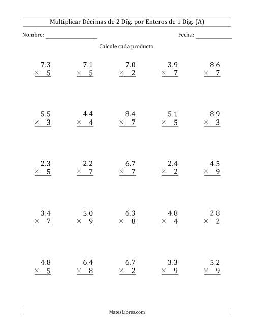 La hoja de ejercicios de Multiplicar Décimas de 2 Díg. por Enteros de 1 Díg. (Todas)