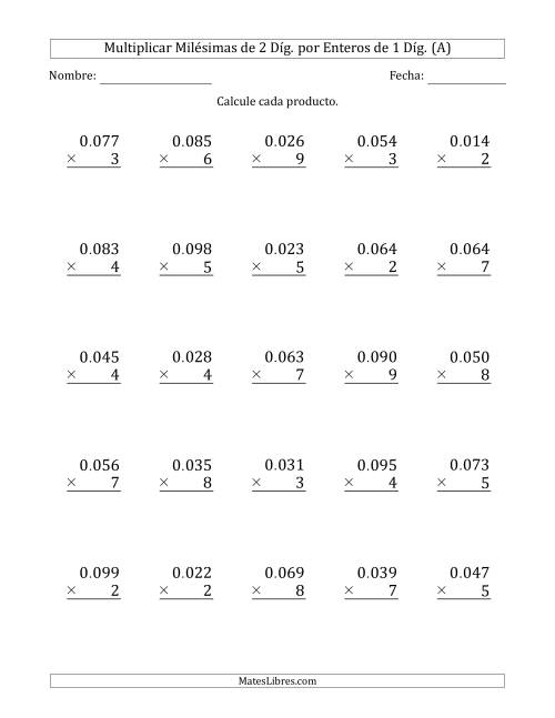 La hoja de ejercicios de Multiplicar Milésimas de 2 Díg. por Enteros de 1 Díg. (A)