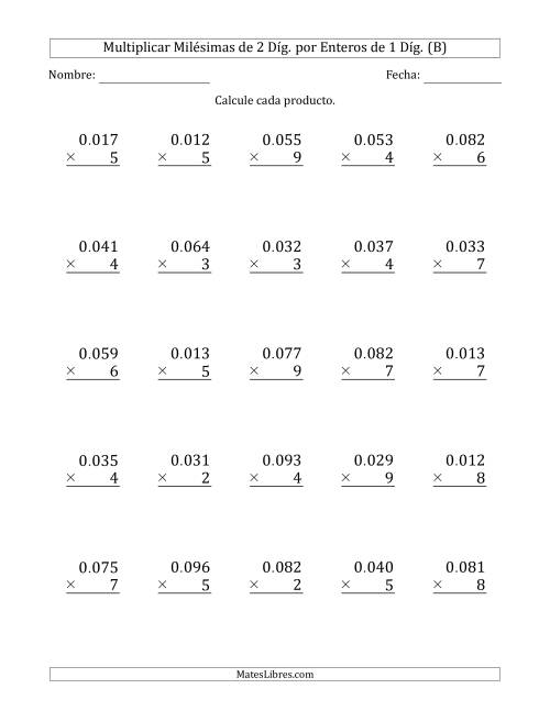 La hoja de ejercicios de Multiplicar Milésimas de 2 Díg. por Enteros de 1 Díg. (B)