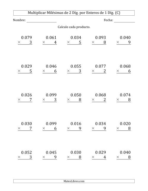 La hoja de ejercicios de Multiplicar Milésimas de 2 Díg. por Enteros de 1 Díg. (C)