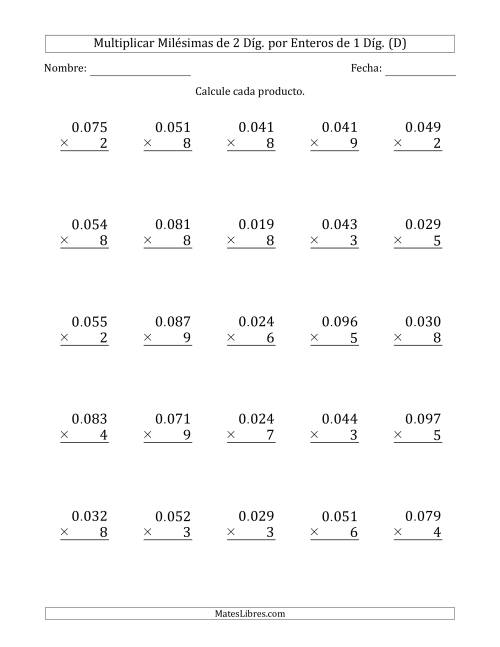 La hoja de ejercicios de Multiplicar Milésimas de 2 Díg. por Enteros de 1 Díg. (D)