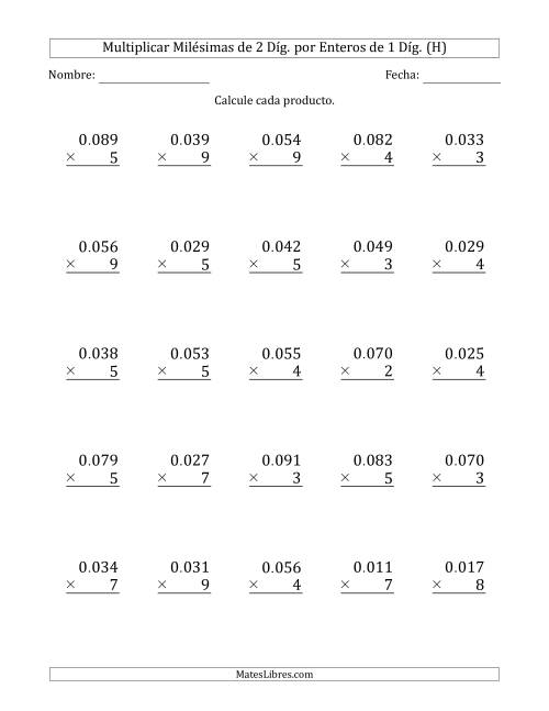 La hoja de ejercicios de Multiplicar Milésimas de 2 Díg. por Enteros de 1 Díg. (H)