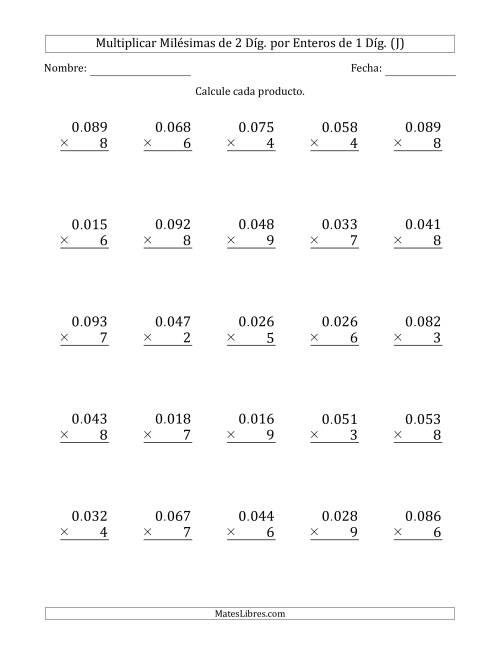 La hoja de ejercicios de Multiplicar Milésimas de 2 Díg. por Enteros de 1 Díg. (J)