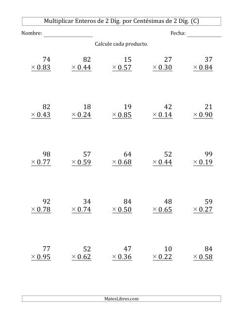 La hoja de ejercicios de Multiplicar Enteros de 2 Díg. por Centésimas de 2 Díg. (C)