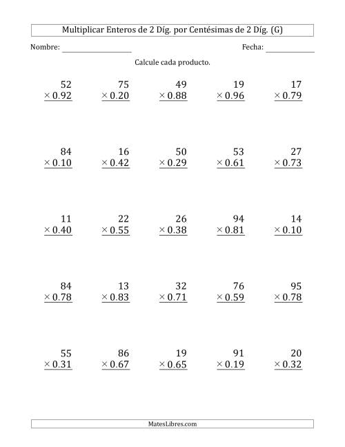 La hoja de ejercicios de Multiplicar Enteros de 2 Díg. por Centésimas de 2 Díg. (G)