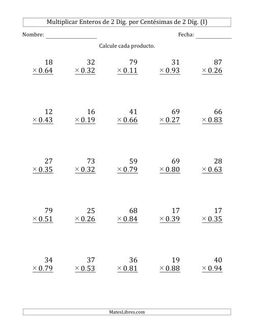 La hoja de ejercicios de Multiplicar Enteros de 2 Díg. por Centésimas de 2 Díg. (I)