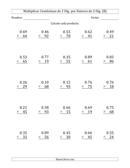 La hoja de ejercicios de Multiplicar Centésimas de 2 Díg. por Enteros de 2 Díg. (B)