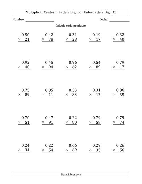 La hoja de ejercicios de Multiplicar Centésimas de 2 Díg. por Enteros de 2 Díg. (C)