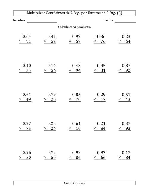 La hoja de ejercicios de Multiplicar Centésimas de 2 Díg. por Enteros de 2 Díg. (E)