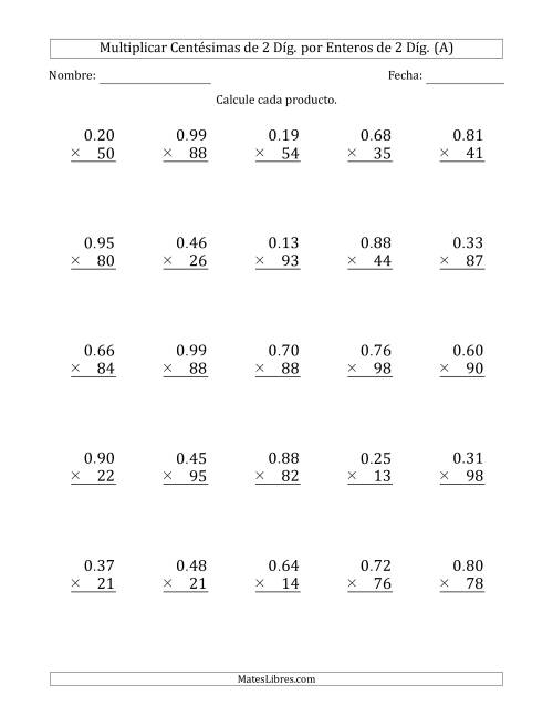 La hoja de ejercicios de Multiplicar Centésimas de 2 Díg. por Enteros de 2 Díg. (Todas)
