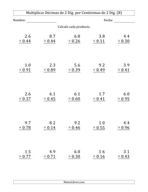 La hoja de ejercicios de Multiplicar Décimas de 2 Díg. por Centésimas de 2 Díg. (B)