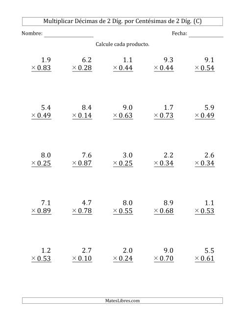La hoja de ejercicios de Multiplicar Décimas de 2 Díg. por Centésimas de 2 Díg. (C)