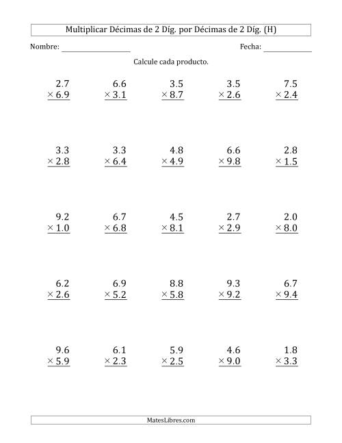 La hoja de ejercicios de Multiplicar Décimas de 2 Díg. por Décimas de 2 Díg. (H)