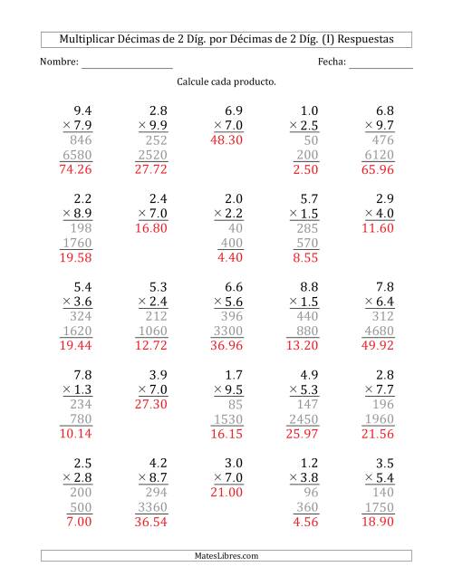 La hoja de ejercicios de Multiplicar Décimas de 2 Díg. por Décimas de 2 Díg. (I) Página 2