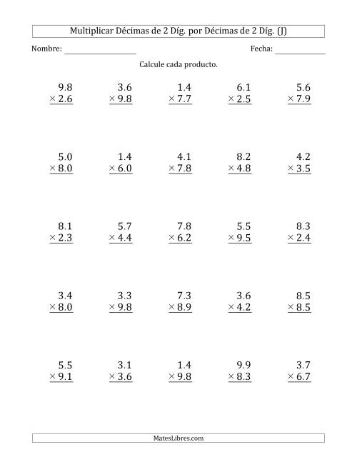 La hoja de ejercicios de Multiplicar Décimas de 2 Díg. por Décimas de 2 Díg. (J)