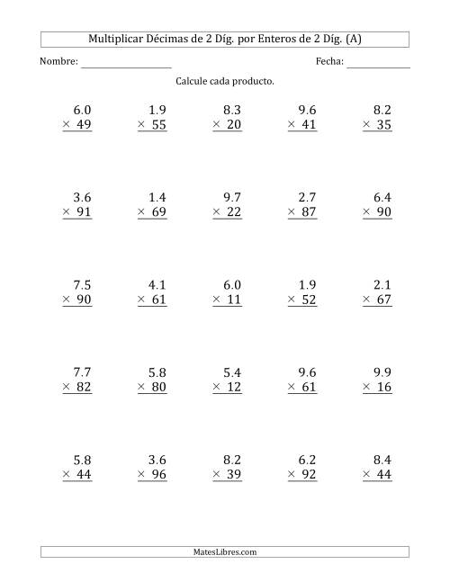 La hoja de ejercicios de Multiplicar Décimas de 2 Díg. por Enteros de 2 Díg. (A)