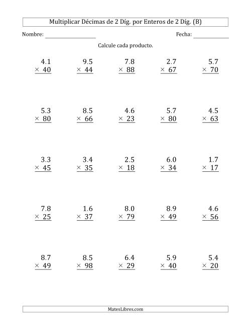 La hoja de ejercicios de Multiplicar Décimas de 2 Díg. por Enteros de 2 Díg. (B)