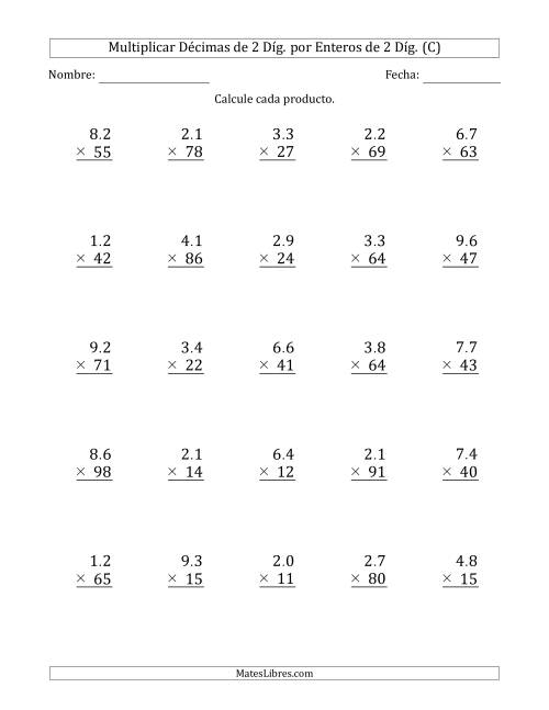 La hoja de ejercicios de Multiplicar Décimas de 2 Díg. por Enteros de 2 Díg. (C)
