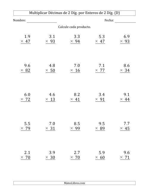 La hoja de ejercicios de Multiplicar Décimas de 2 Díg. por Enteros de 2 Díg. (D)