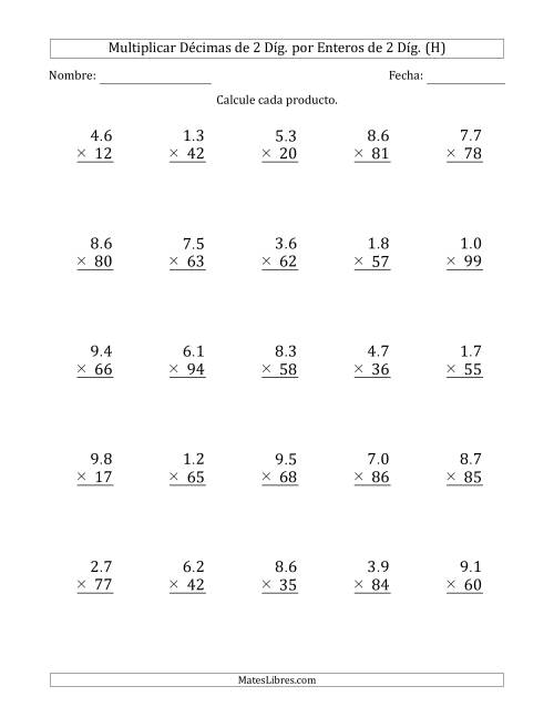La hoja de ejercicios de Multiplicar Décimas de 2 Díg. por Enteros de 2 Díg. (H)