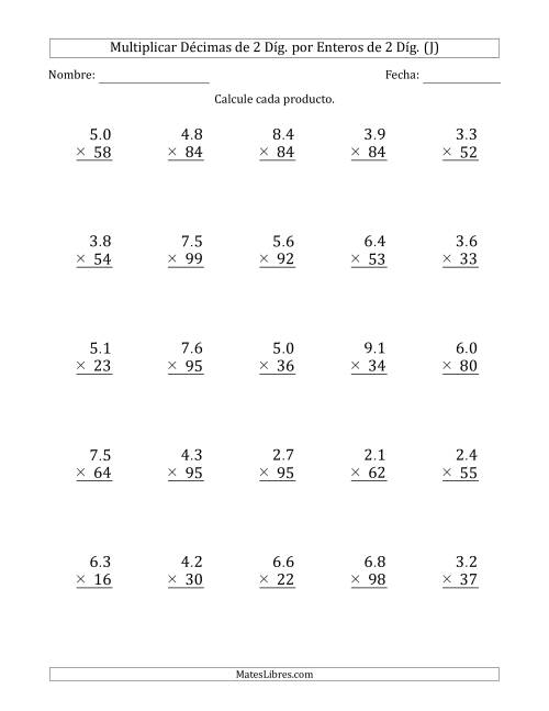 La hoja de ejercicios de Multiplicar Décimas de 2 Díg. por Enteros de 2 Díg. (J)
