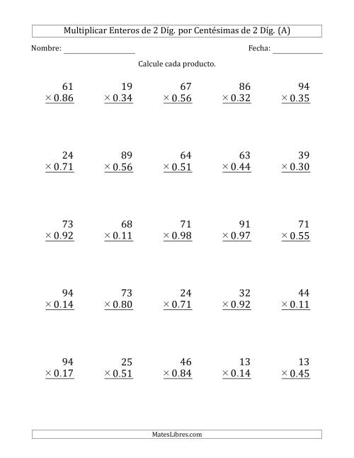 La hoja de ejercicios de Multiplicar Enteros de 2 Díg. por Centésimas de 2 Díg. (A)
