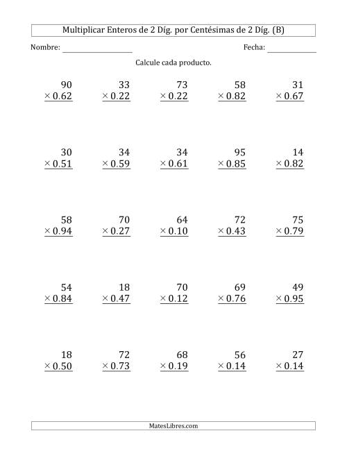 La hoja de ejercicios de Multiplicar Enteros de 2 Díg. por Centésimas de 2 Díg. (B)