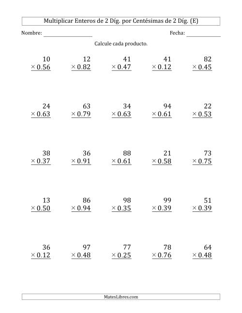 La hoja de ejercicios de Multiplicar Enteros de 2 Díg. por Centésimas de 2 Díg. (E)