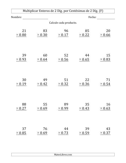 La hoja de ejercicios de Multiplicar Enteros de 2 Díg. por Centésimas de 2 Díg. (F)