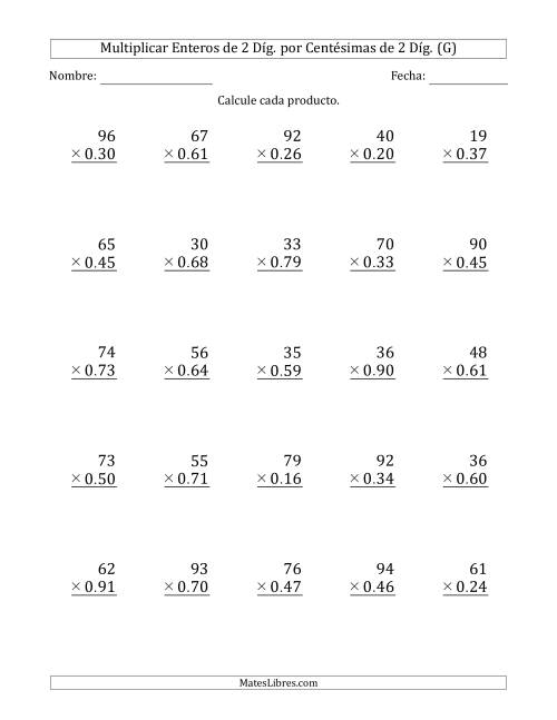 La hoja de ejercicios de Multiplicar Enteros de 2 Díg. por Centésimas de 2 Díg. (G)