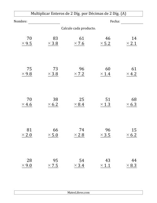 La hoja de ejercicios de Multiplicar Enteros de 2 Díg. por Décimas de 2 Díg. (A)
