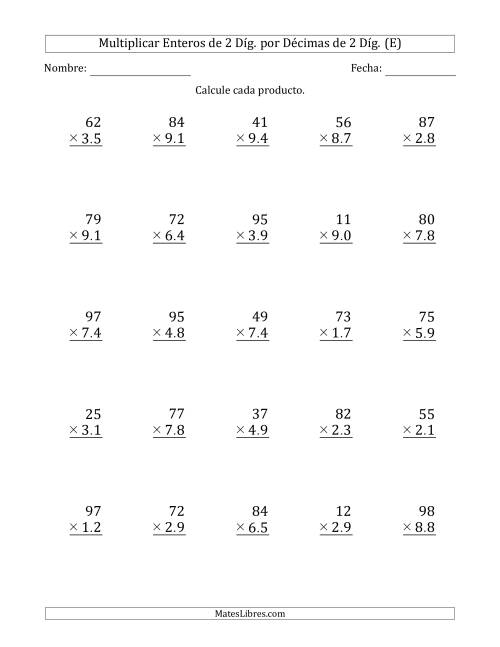 La hoja de ejercicios de Multiplicar Enteros de 2 Díg. por Décimas de 2 Díg. (E)