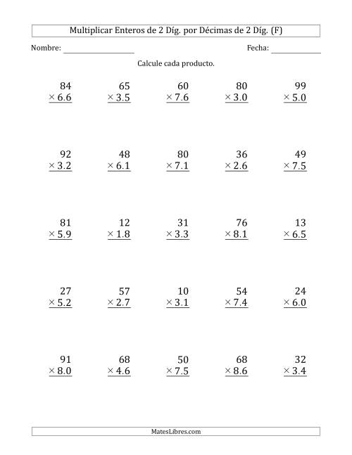 La hoja de ejercicios de Multiplicar Enteros de 2 Díg. por Décimas de 2 Díg. (F)